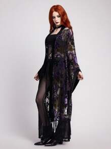 ROMWE EDITION 波西米亚哥特风格花卉烂花天鹅绒纹理海滩喇叭袖开衫 - 綠色 - 查看 5