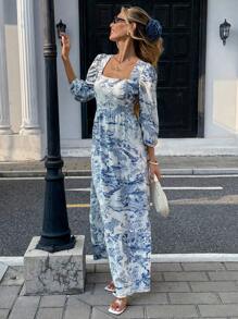 Pariaura French Chic Elegant Woven Square Collar 3/4 Sleeve Ruched Waist Summer New Arrival Floral Printed Dress For Women Autumn Dress Clothes For University