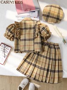 SHEIN 2 Stücke Mädchen Lässiges modisches kariertes Jacken-und Plissee-Rock Set mit rüschenbesetzten Ärmeln, geeignet für Frühling/Sommer Alltagskleidung, Geburtstag, Party und Ausflüge - Verschiedenfarbig - Übersicht 2