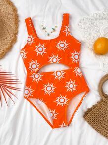 SHEIN Tween Girl Knit Hollow-Out One-Piece Swimsuit With Sun Pattern - Orange - View 6