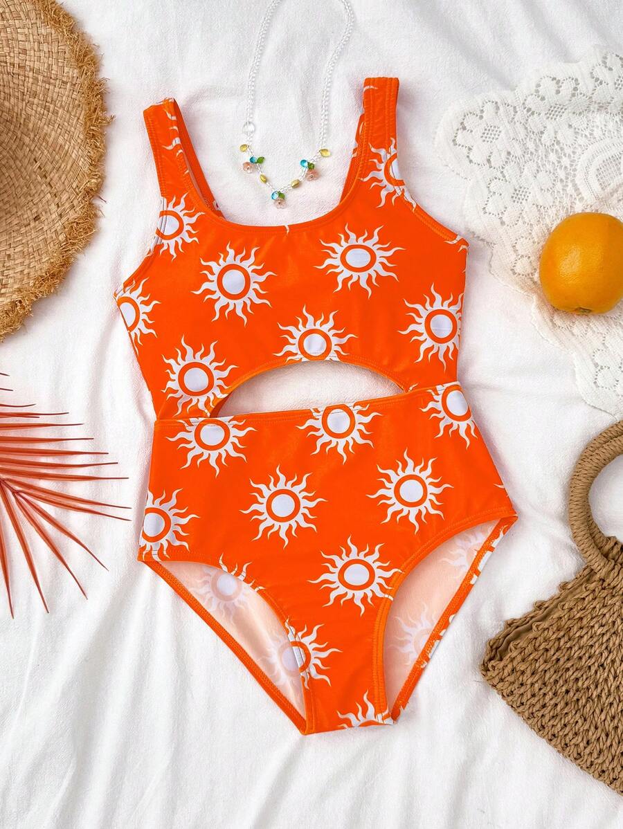 SHEIN Traje de baño de una pieza con patrón de sol y diseño calado para niña preadolescente - Naranja - Ver 1