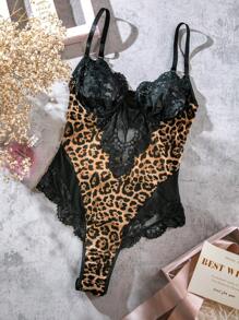 EmpressEnvy Leopard Print Contrast Lace Underwire Teddy Bodysuit Lingerie - Multicolor - View 8