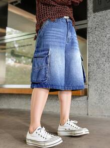 SHEIN Teen Boy Fashion Casual Blue Multi-Pocket Tooling Design Loose And Wide Legs Comfortable Short Jeans For Teen Boy Clothes Boys Costume Dailywear And Teen Boy Summer And Spring Clothes