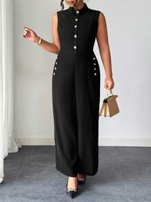 Elenzga Mono elegante de mujer de Elenzga Plus con cuello alto, botones decorativos y sin mangas, unicolor