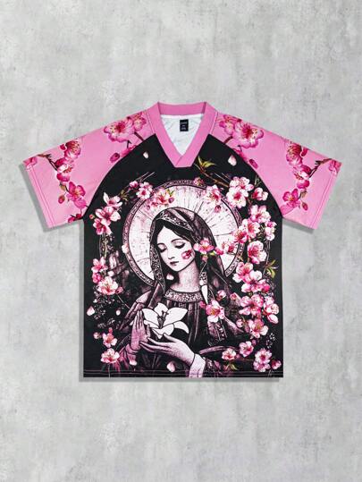 Prep Men's Sports Football Floral Pattern Short Sleeve Jersey T-Shirt