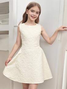 SHEIN Girlism Vestido tejido de cuello redondo, cintura fruncida y silueta línea A para niñas preadolescentes, apto para diversas ocasiones como regreso a clases, salidas familiares al aire libre en primavera, fiestas, música, vacaciones, citas y talla grande