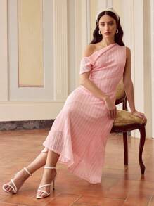 ZEYLAH 纯色网眼针织翻领不对称肩部喇叭下摆长连衣裙 - 粉色 - 查看 6