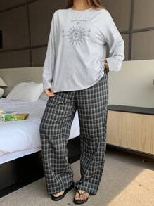 Dazy Plus 加大码两件套印花宽松圆领长袖上衣和格子裤睡衣套装，秋冬服装，舒适套装 - 灰色 - 查看 3