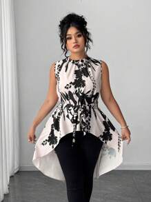 Elenzga 大码女式休闲优雅印花不对称下摆无袖衬衫