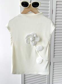 SHEIN Tween Girl Elegant Floral 3D Short Sleeve Knit T-Shirt With Stand Collar - White - View 5
