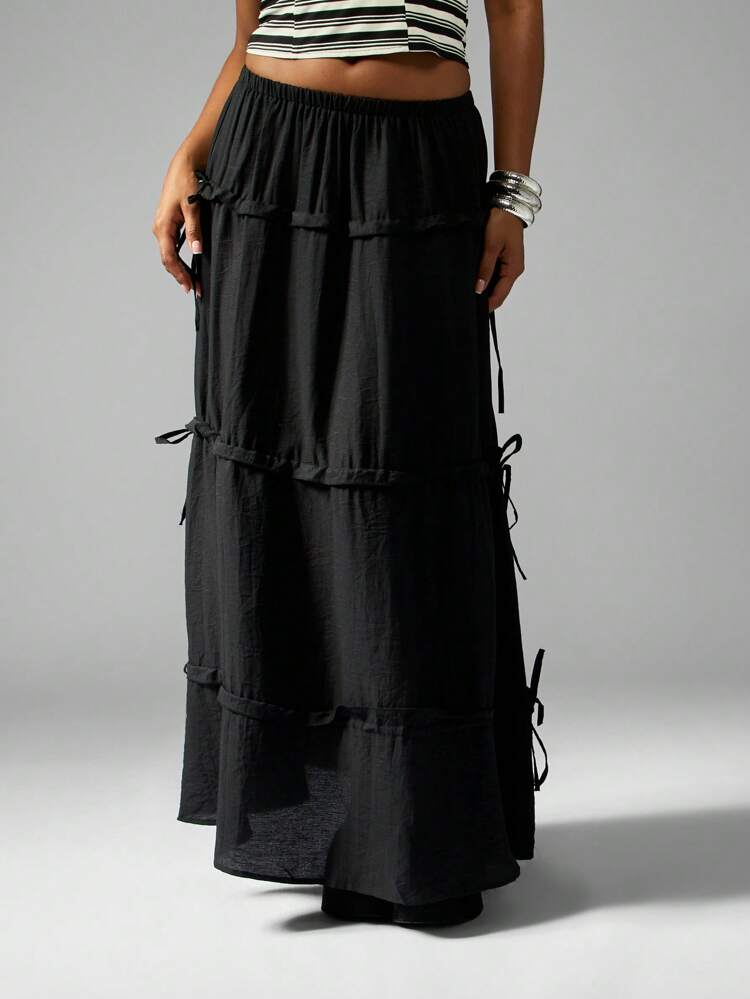 MISSGUIDED Linen Tiered Maxi Skirt Festival Drawstring Waist Beach Summer Boho Long Peasant Style Bohemian Design Casual Vacation Resort Wear