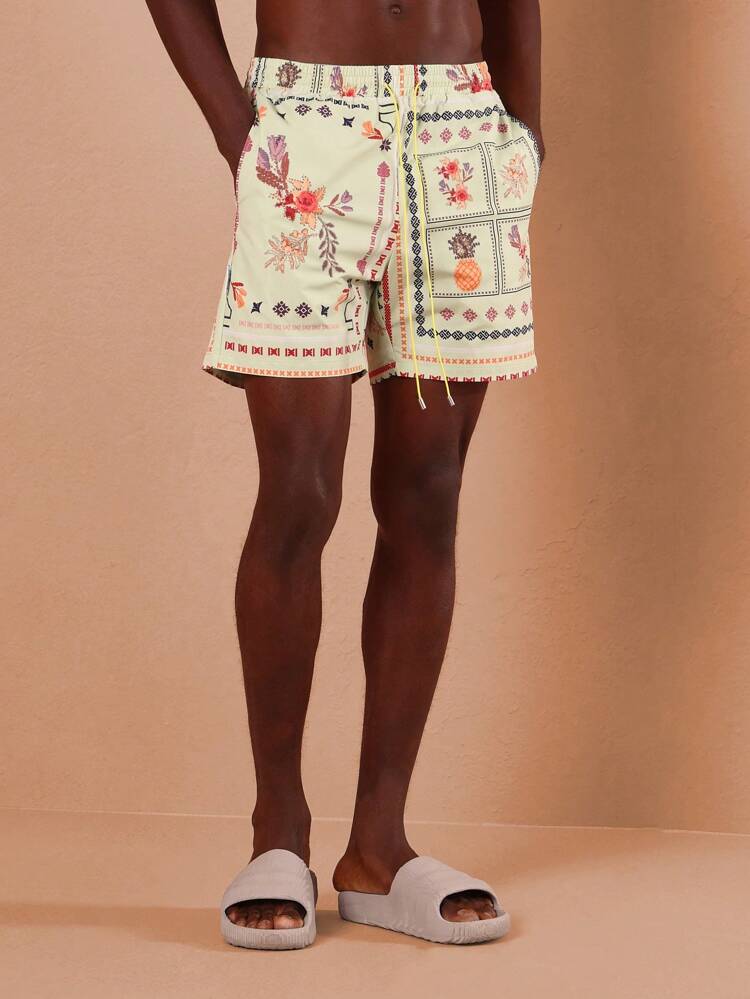 Floral Print Beach Swim Shorts Pull On Style With Pineapple Pattern