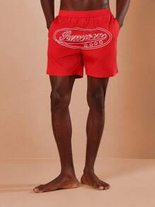 SUMWON Swim Trunks Summer Leisure Logo Design Vacation Beach Shorts Pool Drawstring Waist Classic Cut Resort Retro Style Board Swimwear Surfing Poolside - Red - View 1