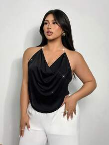 Firerie Top de tirantes con cuello de volantes multicapa elegante y brillante con cadena de strass, adecuado para eventos de primavera/verano, tallas grandes - Negro - Ver 4