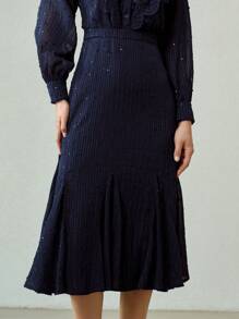 MOTF PREMIUM VESTIDO LARGO CON VOLANTES DE TEXTURA SÓLIDA DE BORDADO Y MALLA, BAJO DE COLA DE SIRENA