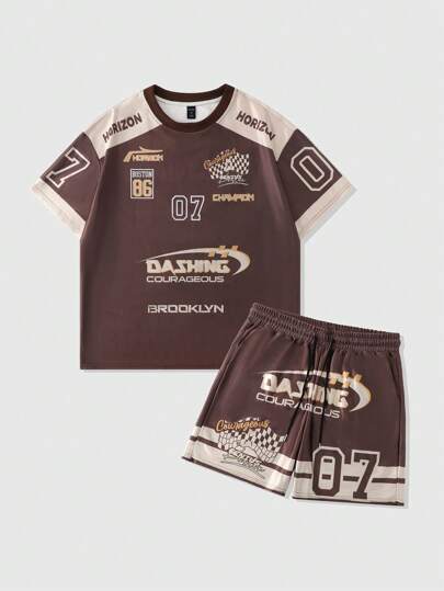 Prep Herren Set aus Rundhals Kurzarm T-Shirt mit Buchstaben-Muster und Shorts mit Kordelzug an der Taille, Lässig Trainingsanzug