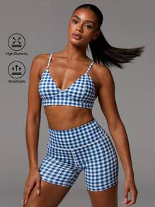 Athîral 2pcs Women Casual Sports Plaid Print Bra And Shorts Set