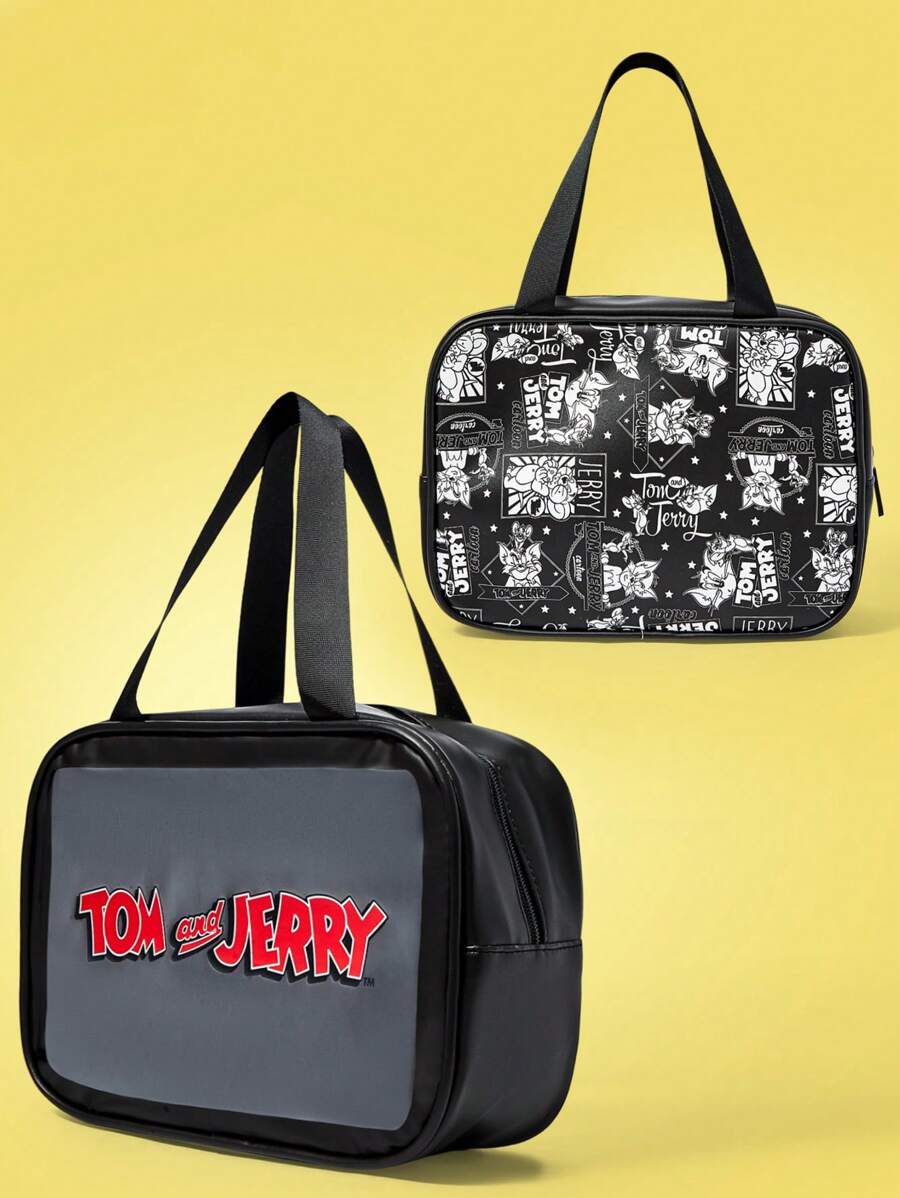 TOM & JERRY X SHEIN Túi xách họa tiết chữ đen, Túi đựng đồ cho phụ nữ, Thích hợp cho du lịch, mua sắm, sử dụng hàng ngày - màu đen - Xem 1