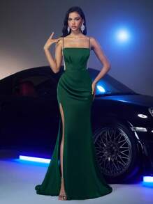 Glamrae Elegant Luxurious Dark Green Satin Handmade Rhinestone Strap Cutout Sheer Side Triangle Bodycon High Slit Fishtail Maxi Dress With Train For Formal Evening Gowns - Dark Green - View 1