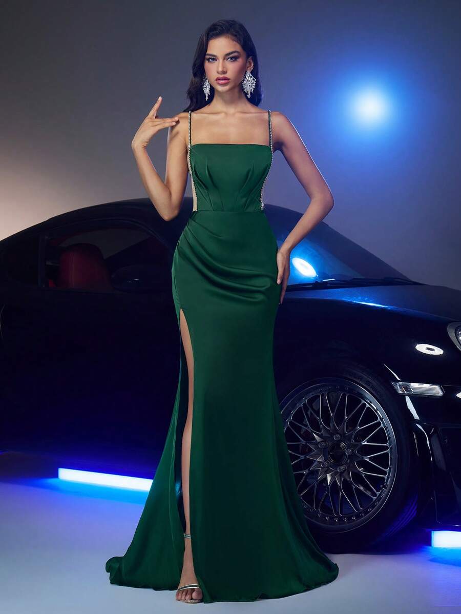 Glamrae Elegant Luxurious Dark Green Satin Handmade Rhinestone Strap Cutout Sheer Side Triangle Bodycon High Slit Fishtail Maxi Dress With Train For Formal Evening Gowns - Dark Green - View 1