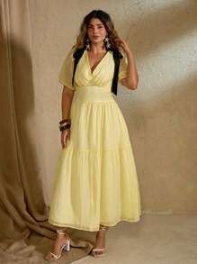 Roveilla Vestido de verano elegante de ajuste slim con escote en V, mangas abullonadas, lazo de cinta negra estilo francés y diseño minimalista