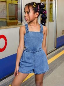 SHEIN Tween Girl Summer Beach Boho Cool & Street-Style Stonewashed Jumpsuit With Cross Back Straps And Open Back, Tween Girl Summer Beach Boho Holiday Clothes Back To School Streetwear Outfits,Girls Concert Rave Casual Outfits - Medium Wash - View 4