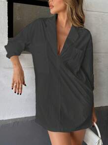 SHEIN Plus Size Women's Solid Color Simple V-Neck Maxi Dress, Summer Fall Cloth For Women - Black - View 3