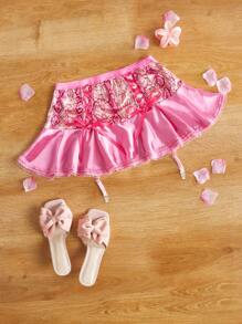 FairyFlirt Satin Ruffle Edge Playful Ruched Strap Satin Garter Belt, Women Lingerie Accessories, Pink
