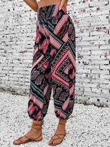 SHEIN Tall Pantalon de harem plissé à la taille à imprimé rétro pour femmes (imprimé rétro aléatoire) - Multicolore - Voir 3