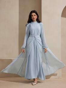 Graceveil Solid Color Elegant Wrap Waist Dress With Open Front Long Sleeve Cardigan Fall Cloth For Women - Blue - View 5