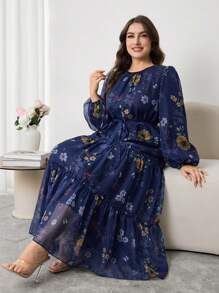 Modelyn Plus Size Floral Print Chiffon Romantic Elegant Tie Waist Dress, Spring/Summer - Navy Blue - View 1