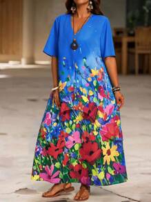 EMERY ROSE Plus Size Tropical Floral Print V-Neck Button Decor Asymmetrical Hem Short Sleeve Women's Dress, Suitable For Spring/Summer Plus Size Floral Dress Plus Size Maxi Summer Dress Floral Maxi Dress Plus Size Plus Size Floral Maxi Dress Summer Dresses For Women,Flowy Dress - Multicolor - View 1