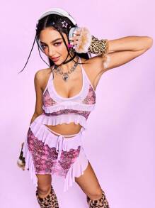 Set de 3 piezas de lencería sexy para mujer con estampado de leopardo, volantes, color block, flores plisadas, diseño juguetón y un estilo Y2K - Multicolor - Ver 5