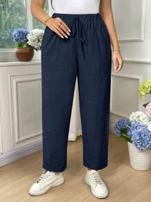 Linhara Plus Size Women Cotton Solid Color Fold-Over Casual Pants - Navy Blue - View 5