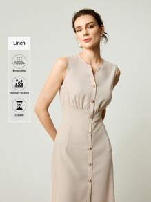Uhlyne Vestito elegante in lino albicocca senza maniche con scollo a V, pieghe, aperto davanti, adatto per occasioni casual, sociali e di lavoro, da donna, per primavera ed estate
