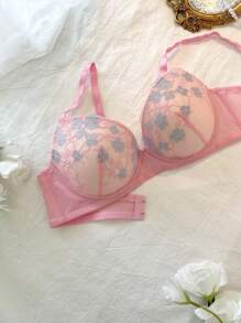 DelicateAllure Floral Lace Trim Underwire 3/4 Cup Bra, Padded Lift And Support, Romantic French Style For Women