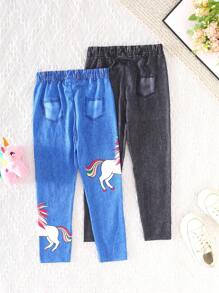 2pcs/Set Girls Minimalist & Comfortable Pants, Unicorn Print + Leopard Heart Pattern, Soft Skin-Friendly Fabric, Stylish Street Fashion Back To School Clothes Travel Clothes Summer Fall Clothes Unicorn Jeans For Girls Girls Jeans Print Printed Jeans For Girls Jeans For Tweens