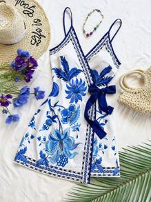 Soleia Vestido corto envolvente de tirantes finos con elementos tropicales, hojas de palma y árbol de coco, estilo de vacaciones, vestido floral azul y blanco para mujer, vestido de verano de vacaciones - Azul - Ver 5
