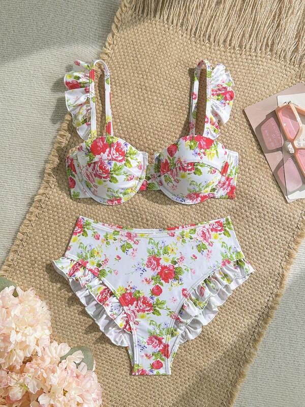 Soleia Set de 2 bucăți de costum de baie pentru femei cu imprimeu floral și tiv cu volane, bikini drăguț pentru vacanță