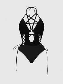 ROMWE Grunge Punk 哥特朋克音乐节镂空十字五角星吊带性感连体衣 - 黑色 - 查看 6