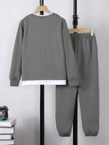 SHEIN Cậu bé Tween Chi tiết Patched thư 2 trong1 Áo chui đầu và quần thể thao - Xám - Xem 2
