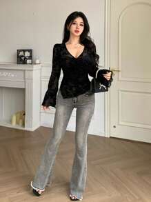 DAZY Ditsy Floral Asymmetric Hem Drawstring V-Neck Fitted Blouse With Bell Sleeves, Suitable For Spring & Summer Long Sleeve Women Tops,Fall Women Clothes