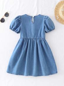 SHEIN Vestido casual de niña con mangas de farol, decorado con moño y lavado en azul denim, adecuado para primavera y verano, uso diario, actividades al aire libre, fiestas escolares y ocasiones