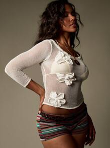 MISSGUIDED 花卉贴花透明针织毛衣春夏轻薄时尚度假针织衫