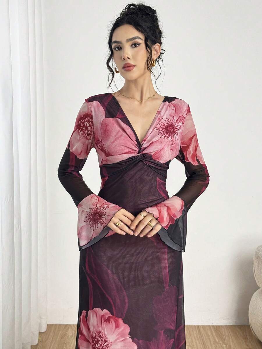 Modelyn 1 件套 V 领喇叭袖浪漫修身连衣裙,适合女士,春夏季 - 粉色 - 查看 1