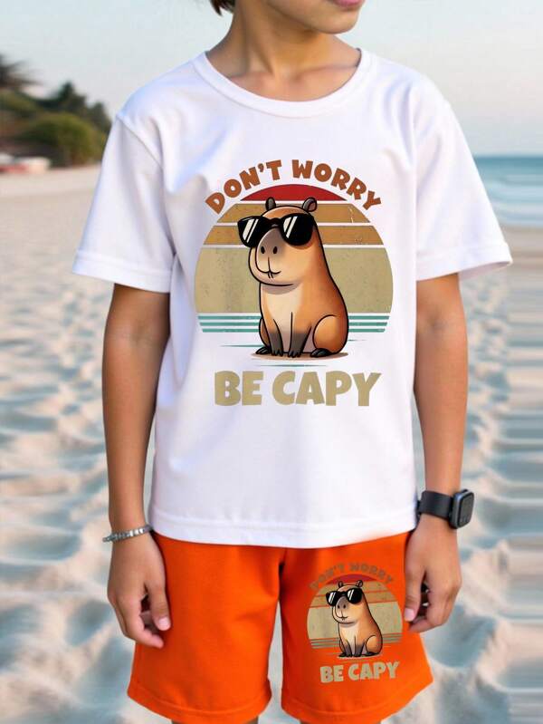 Set de tricou și pantaloni scurți cu mânecă scurtă, casual, la modă, creativ, drăguț, cu desene animate, șobolan de apă, capibara