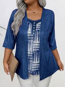 Plus Size Casual Loose Everyday Simple 2 In 1 T-Shirt - Navy Blue - View 4