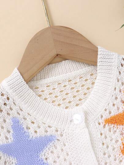 Young Girls Cardigans, & Cute Starfish Pattern Hollow Out Round Neck Knitted Sweater, Soft & Comfortable Suitable For Daily, Outing, Travel, Holiday, Home, Nursery, Playing, School Scenes