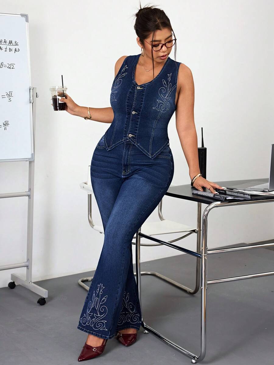 SHEIN ICON Quần ống loe thêu denim màu trơn thời trang thường ngày - Rửa tối - Xem 1