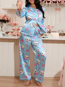 SweetSlumber Set de 2 piezas de pijama de mujer con estampado de gato de dibujos animados y corazón en forma de paleta